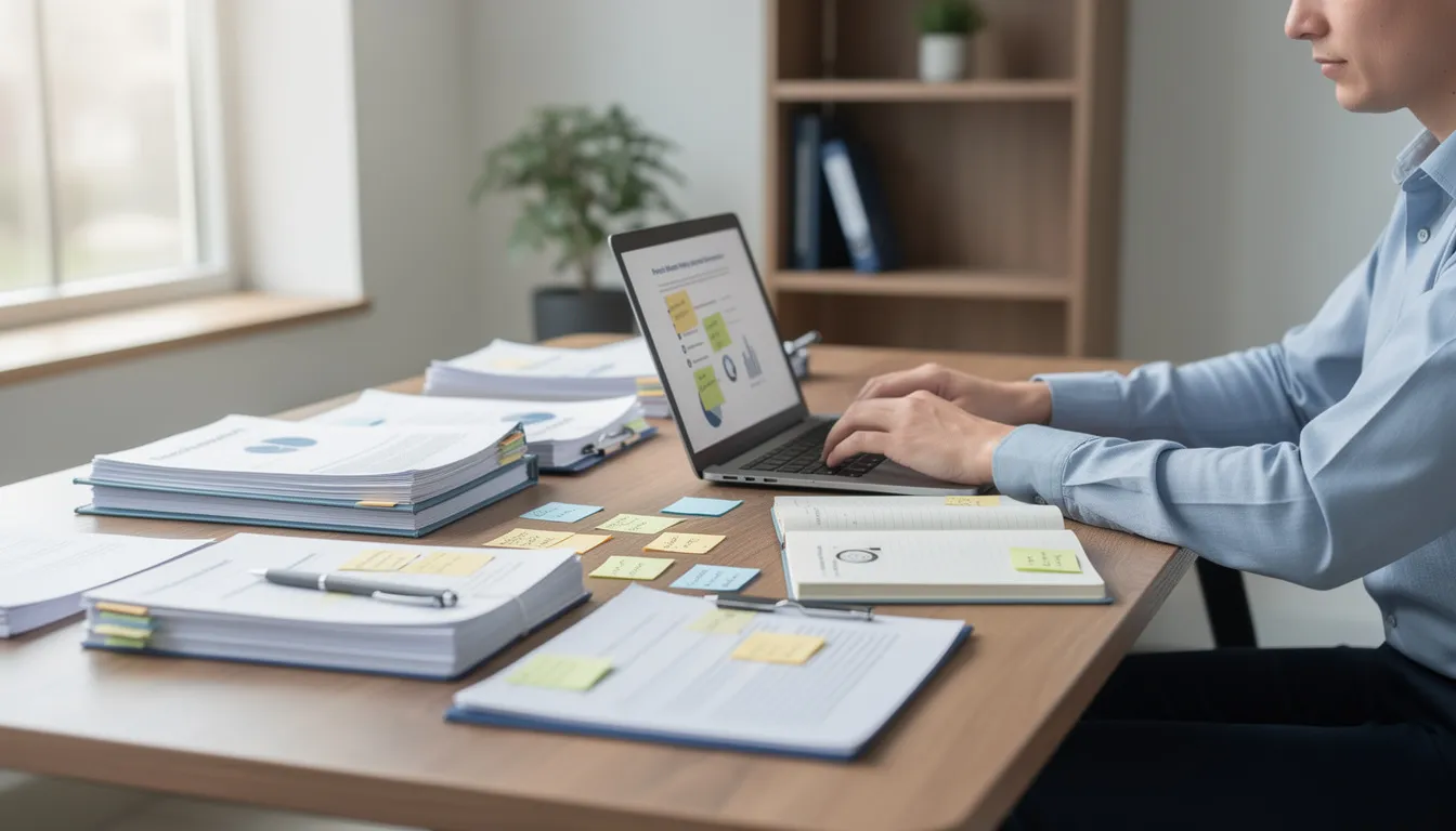 A professional is seated at a desk, focused on their laptop while organized notes and documents are neatly spread out around them, showcasing a productive work environment. This scene highlights the use of various AI tools and resources for tasks like content creation and idea generation.