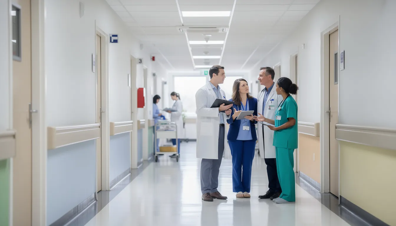 The image depicts a hospital corridor where medical professionals are engaged in a discussion, likely navigating ethical dilemmas related to patient care and decision making. Their conversation reflects the complexities of ethical principles and obligations inherent in the helping professions.