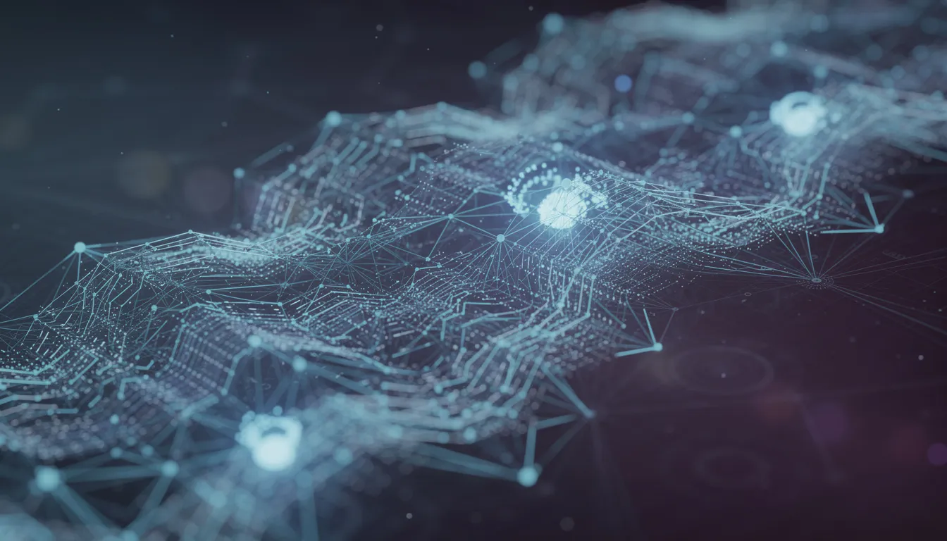 An abstract visualization of interconnected nodes symbolizes a neural network, illustrating the complexity and sophistication of artificial intelligence. This AI-generated image showcases the intricate relationships within machine learning models, representing the foundation of deep learning and generative AI.