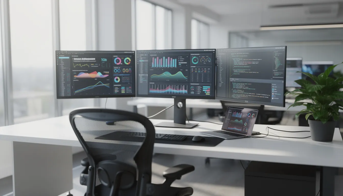 The image shows a modern office workspace filled with multiple computer screens that display various data charts and lines of code, illuminated by natural light. This setup reflects the integration of artificial intelligence and machine learning in everyday life, highlighting the role of ai technology in data analysis and the evolving job market.