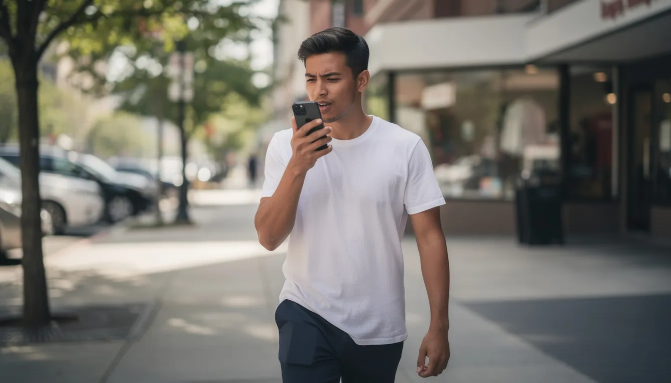A person is walking outdoors, speaking into their smartphone, likely using an AI assistant for real-time access to information or to engage in voice chat. The scene captures the seamless interaction between the user and their device, highlighting the convenience of mobile technology in daily life.