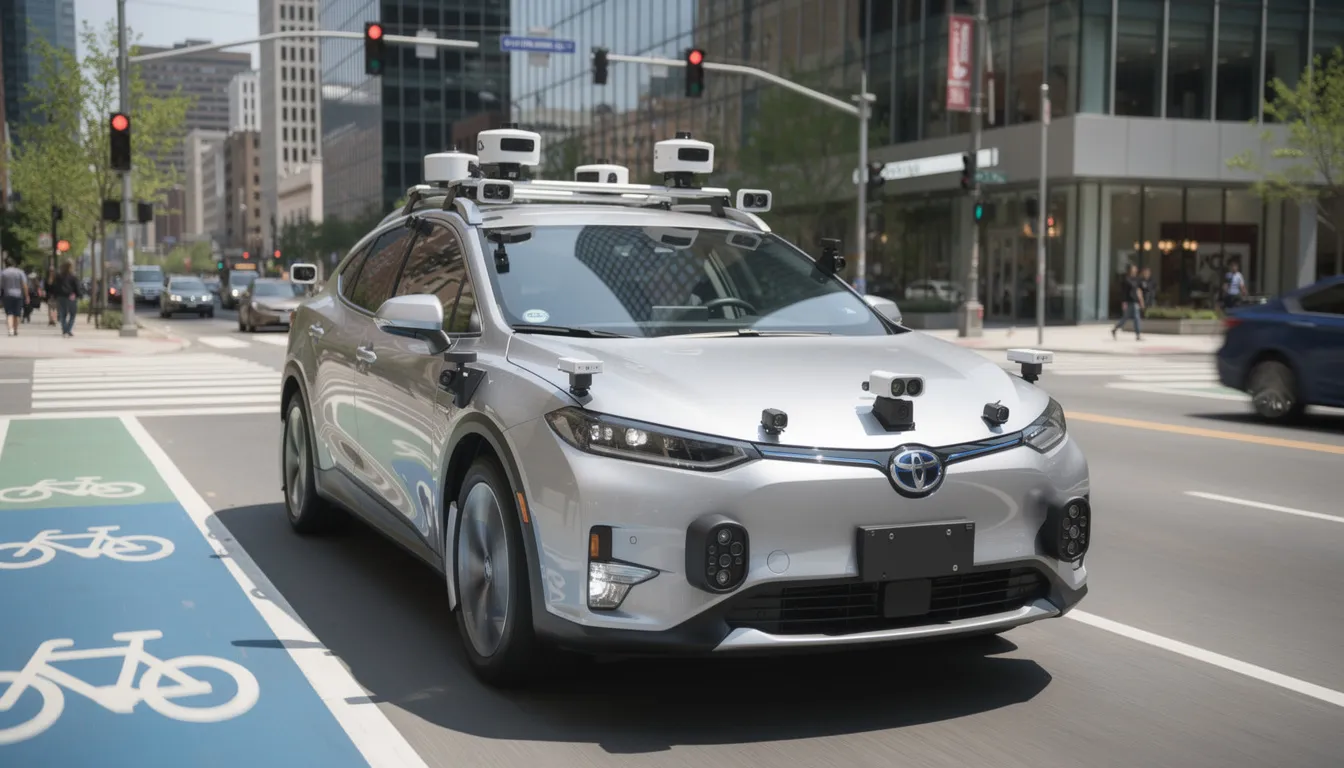 The image depicts an autonomous vehicle navigating a city street, equipped with visible sensors that highlight its advanced AI systems. This scene raises ethical considerations regarding the use of artificial intelligence in urban environments and the importance of human oversight in AI decision-making processes.