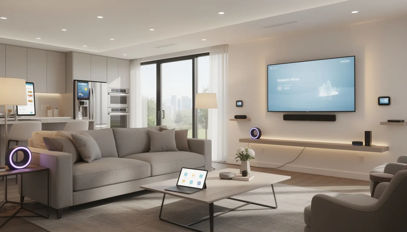The image depicts a modern living room equipped with various voice-activated devices and connected appliances, showcasing the integration of artificial intelligence and machine learning applications in everyday life. The setup highlights the use of natural language processing and intelligent systems to enhance operational efficiency and user experience.