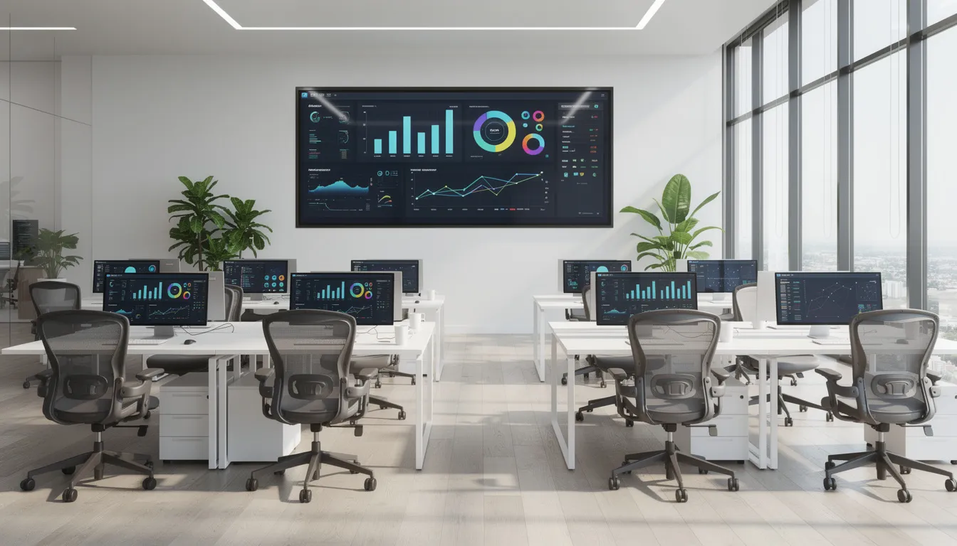 The image depicts a modern office space featuring multiple computer workstations, each equipped with digital screens displaying various data visualizations. This environment highlights the impact of artificial intelligence and technological advancements on the job market, showcasing how data analysis and machine learning are transforming roles such as market research analysts and data scientists.
