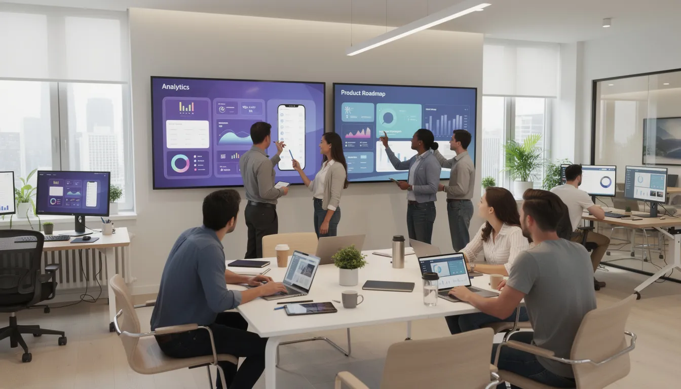 A modern tech startup office in San Francisco features a diverse team of employees collaborating around digital displays, discussing innovative solutions in artificial intelligence and machine learning. The environment reflects a focus on operational efficiency and problem-solving, characteristic of Silicon Valley's thriving AI companies.