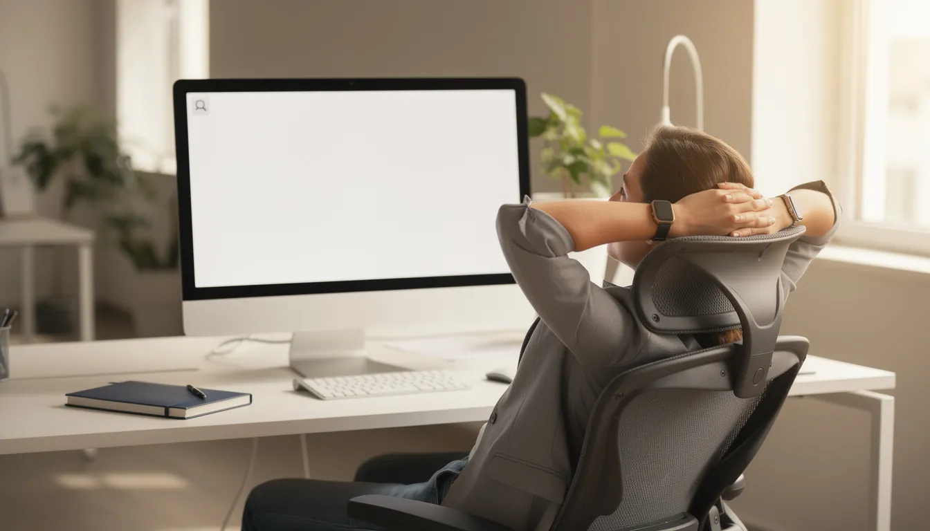 A person is seen relaxing at a desk with a well-organized workspace, featuring a single notification displayed on their screen. This serene environment highlights the use of artificial intelligence tools to enhance productivity and support efficient work habits.