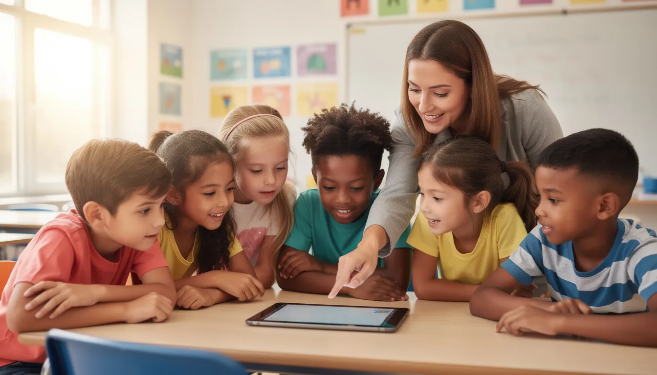In a bright classroom, a teacher and students are gathered around a tablet, engaging in a collaborative writing process. They appear excited as they discuss ideas for creating illustrated stories, showcasing their imagination and the personal touch they bring to their characters and scenes.