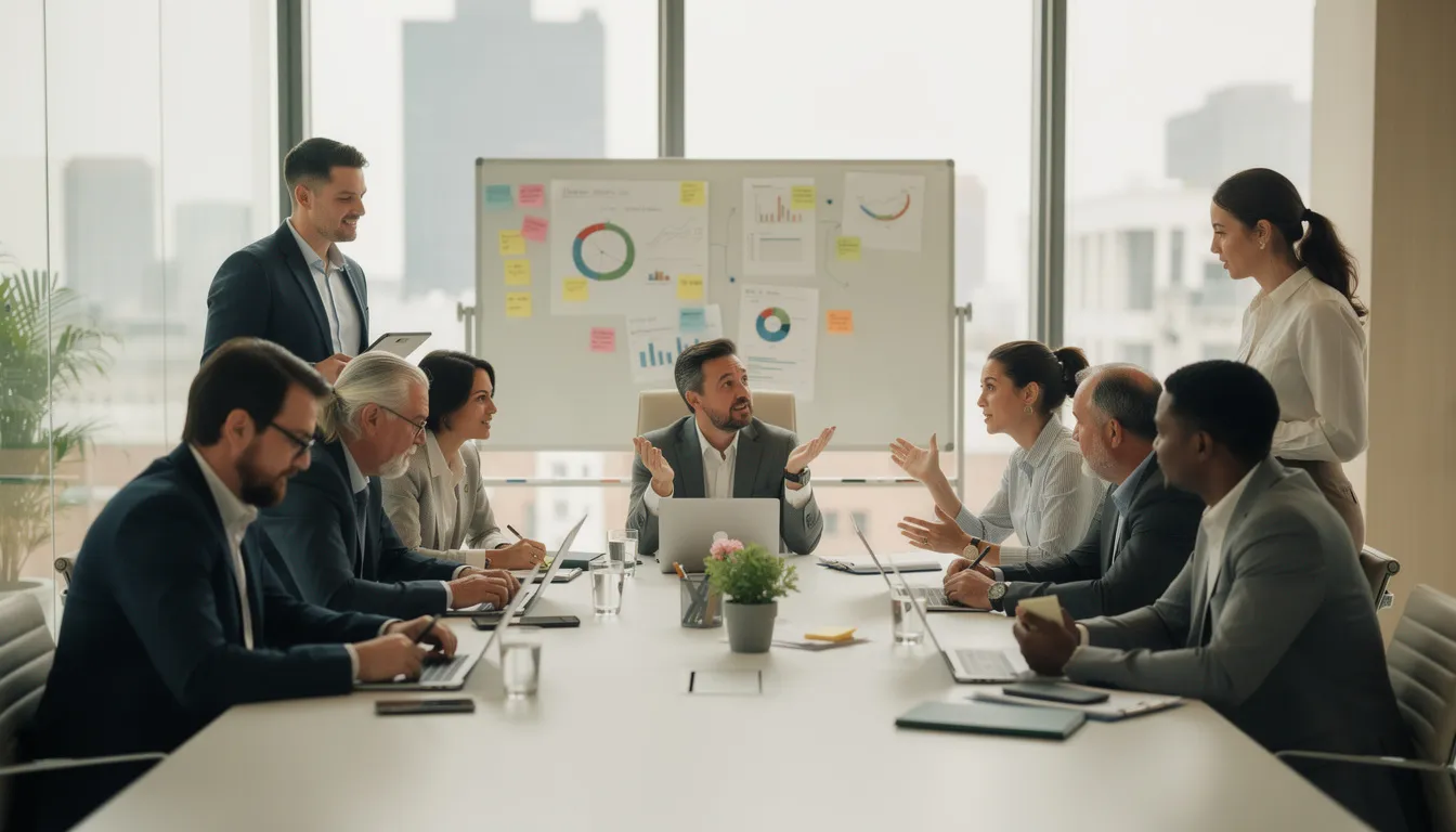 The image depicts a diverse team of professionals engaged in a productive discussion in a meeting room, highlighting collaboration on business processes and strategies. They are likely exploring how to leverage AI tools and technologies to enhance operational efficiency and improve customer satisfaction.