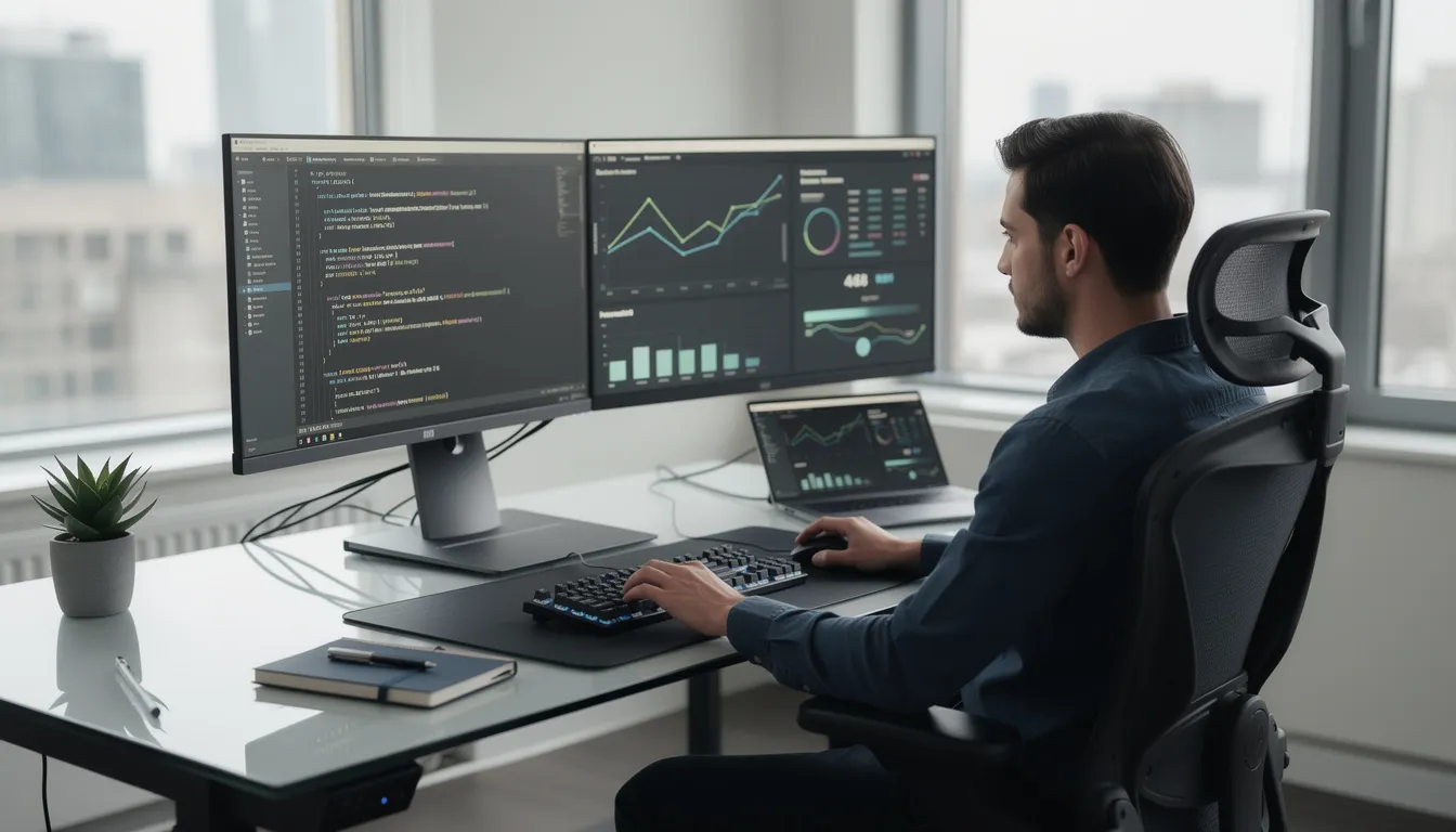 The image depicts a professional, possibly an associate software implementation consultant, working at a modern desk equipped with dual monitors displaying lines of code and data visualizations. This environment reflects a focus on enhancing operational processes and managing client inquiries, essential for entry level artificial intelligence jobs in fields like data science and machine learning.