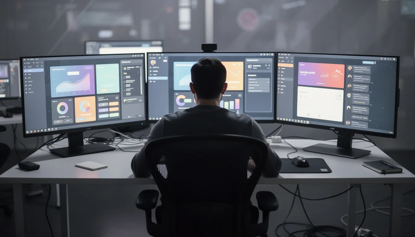 A person is seated at a desk surrounded by multiple computer monitors displaying vibrant web interfaces and chat windows, illustrating a hands-on experience with various AI tools for data analysis and decision making. The setup emphasizes the powerful capabilities of generative AI and multimodal AI platforms, enabling users to create visuals, analyze data, and generate content effortlessly.