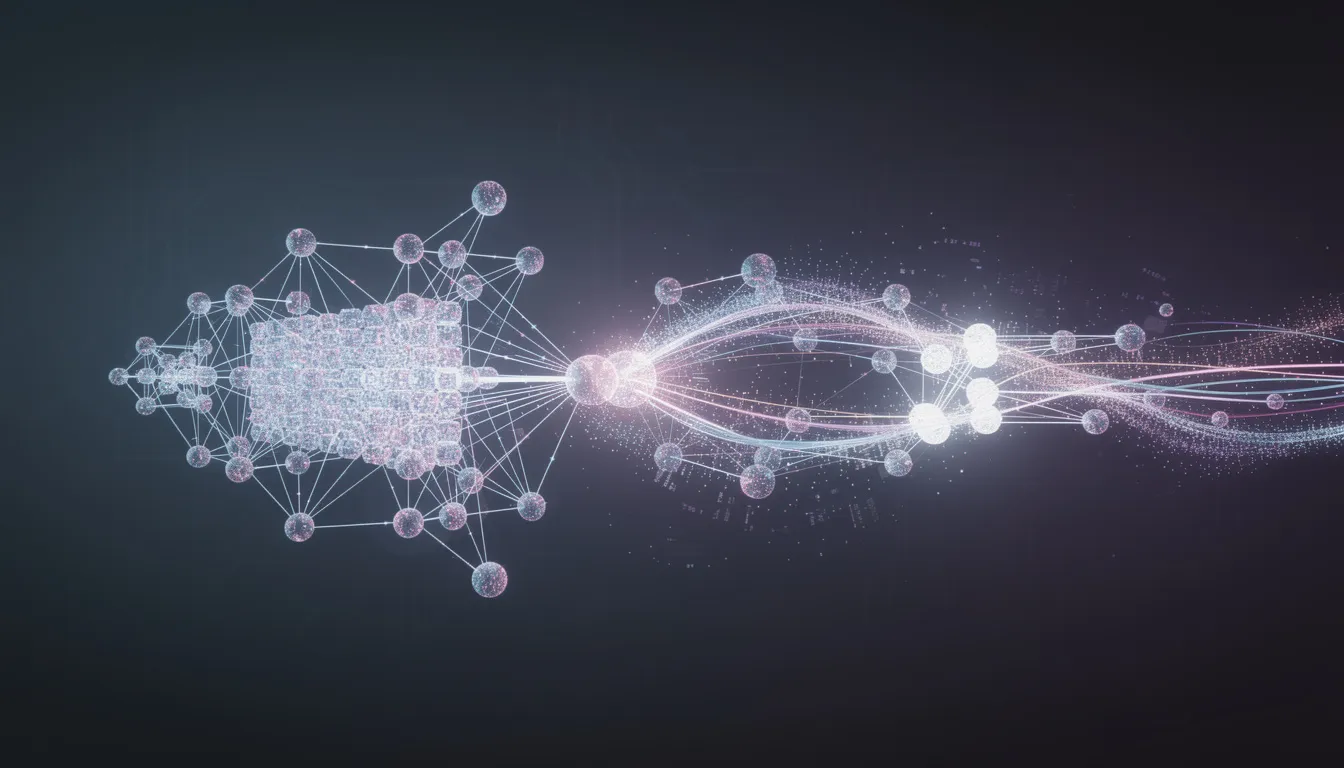 An abstract visualization depicts data flowing through interconnected nodes, symbolizing the processing of neural networks in artificial intelligence systems. This representation reflects concepts such as machine learning, deep learning, and the intricate workings of human intelligence as it relates to AI technologies.
