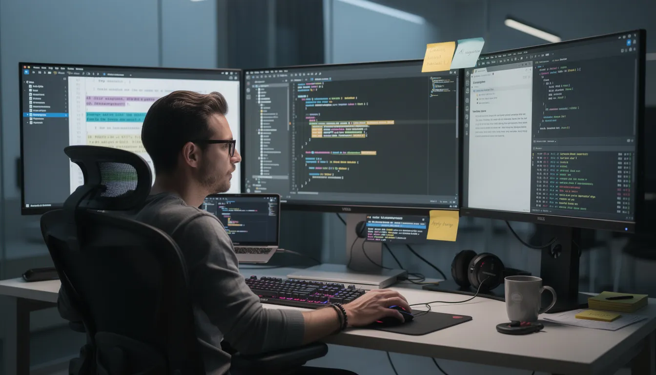 A software developer is intently reviewing AI-suggested code displayed across multiple monitors, showcasing the integration of artificial intelligence in computer science. This scene highlights the role of AI systems in assisting human workers with complex tasks, improving efficiency in software development.