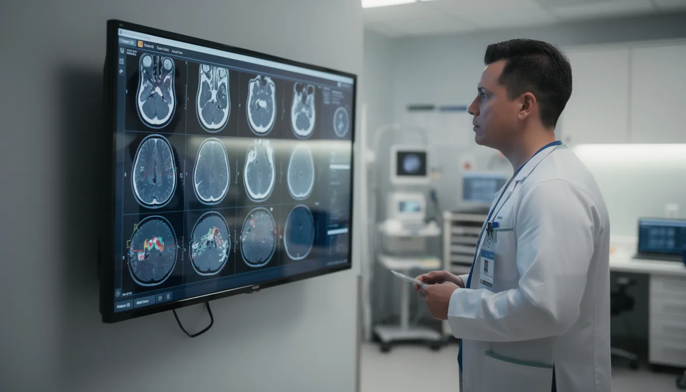A medical professional is intently reviewing diagnostic imaging displayed on a screen within a clinical setting, utilizing advanced technology and artificial intelligence tools to enhance data analysis and predictive analytics for patient care. The environment reflects a focus on the development process of AI applications in healthcare.