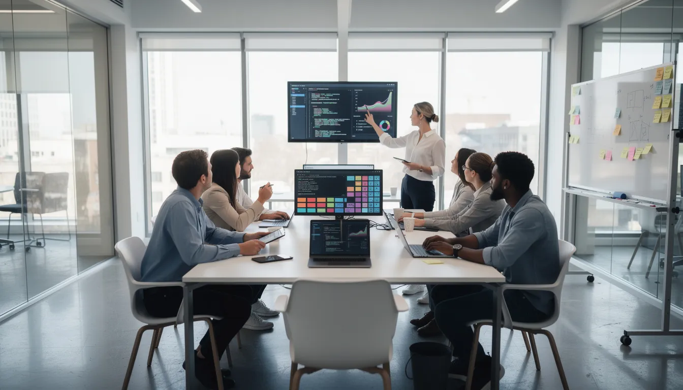 A diverse group of professionals collaborates on a technology project in a modern workspace, discussing concepts related to machine learning and artificial intelligence. They are engaged in hands-on projects, utilizing their technical skills to analyze data and develop machine learning models.