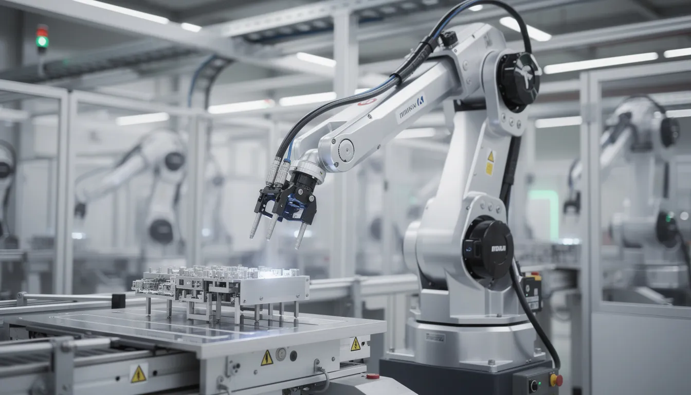 The image depicts a robotic arm engaged in precision manufacturing work within a modern factory, showcasing the power of artificial intelligence in automating complex tasks. This advanced technology, utilizing deep learning models and machine learning algorithms, highlights the integration of AI systems in various industries to enhance efficiency and accuracy.