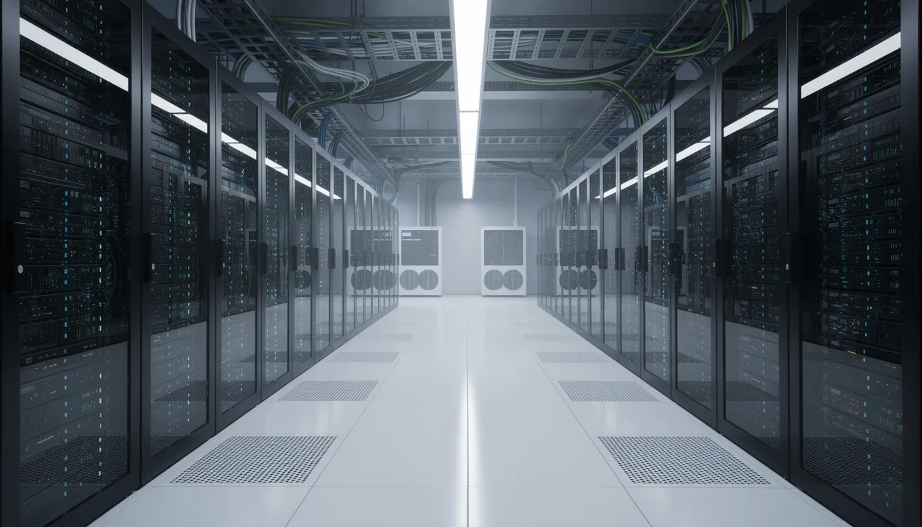 The image depicts a modern data center featuring rows of illuminated server racks and advanced cooling systems, symbolizing the infrastructure that supports artificial intelligence companies and their next-generation technologies. This environment is essential for research and development in the AI industry, enabling businesses to scale their operations and innovate for the future.