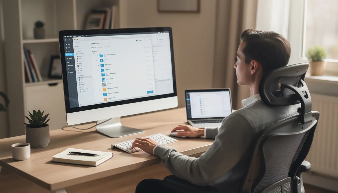 A person is sitting at a neatly organized desk, working peacefully on their computer, surrounded by a digital workspace that reflects the efficient use of AI tools. This scene highlights the impact of artificial intelligence on daily life and business processes, showcasing how AI can enhance productivity and streamline tasks.