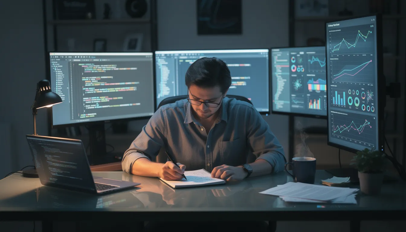 The image depicts a person studying at a desk surrounded by multiple screens displaying code and data visualizations, showcasing the intersection of human intelligence and artificial intelligence. This environment highlights the importance of AI technologies, such as machine learning and deep learning, in analyzing data and transforming industries.