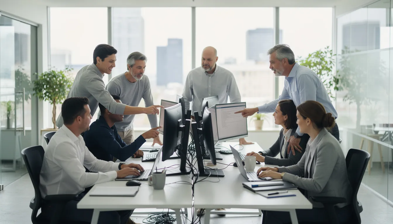 The image depicts a diverse group of professionals collaborating around computers in a modern office environment, engaging in discussions about data science and artificial intelligence projects. They are likely data scientists and machine learning engineers, utilizing their technical skills to analyze data and develop data-driven insights.