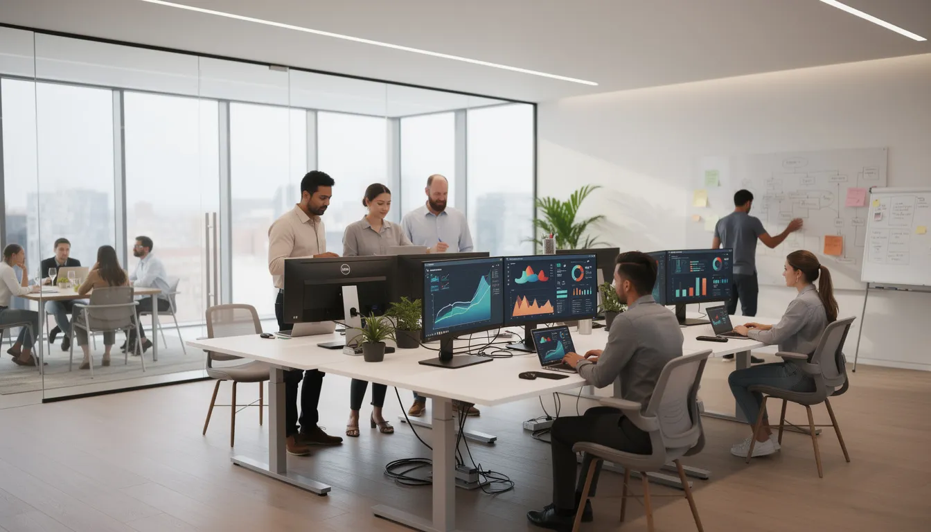 The image depicts a modern collaborative workspace where professionals are engaged in data analysis at standing desks, with screens showcasing various business intelligence dashboards and real-time analytics. The environment fosters teamwork and the use of AI-powered tools to explore data and generate insights for smarter decision-making.