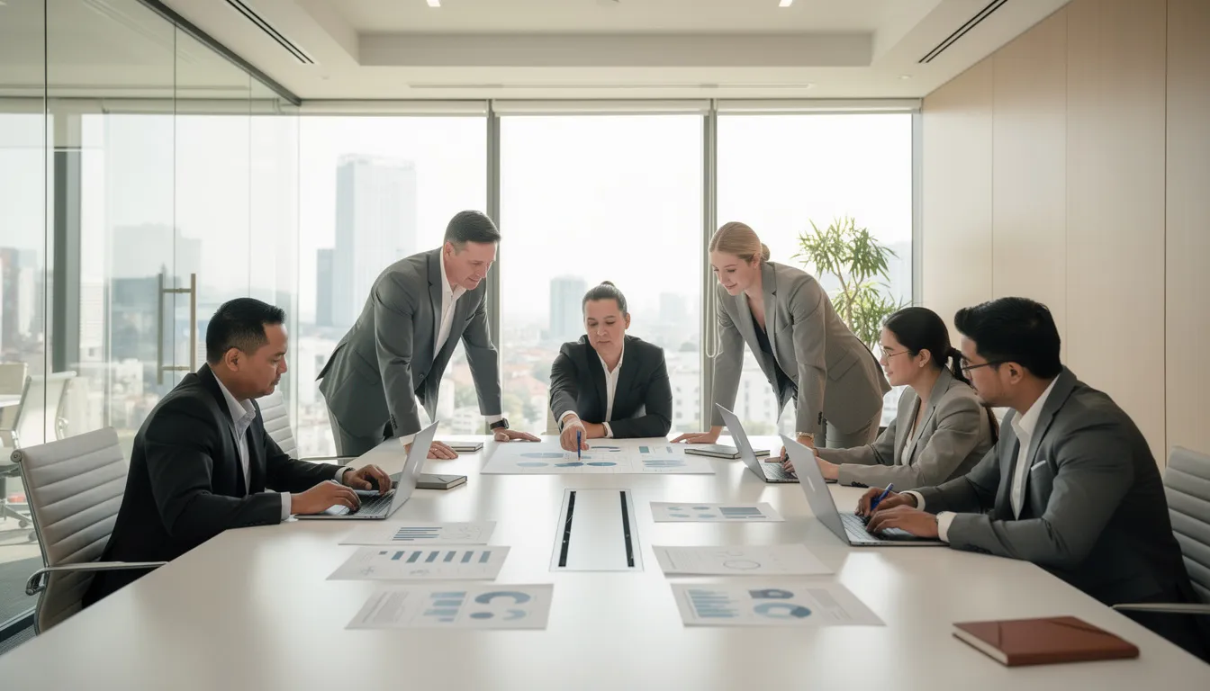 A diverse business team is gathered around a conference table, engaged in discussion while using laptops and reviewing strategy documents. They are likely leveraging AI tools and solutions to enhance decision-making and optimize business processes in today's competitive landscape.