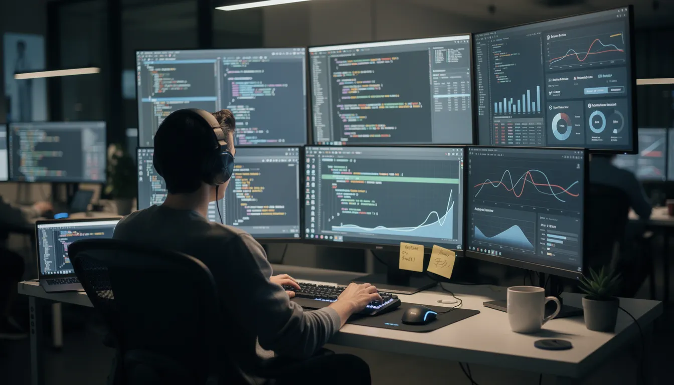 A developer is seated at a desk surrounded by multiple monitors displaying various programming languages and data visualizations, showcasing elements of artificial intelligence and machine learning. The screens illustrate the development process, including code snippets, data analysis, and insights into neural networks and AI algorithms.
