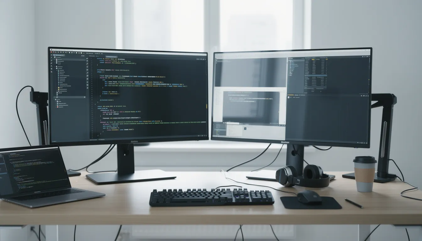 The image depicts a modern software development workspace featuring dual monitors displaying lines of code, set against a clean and organized background. This environment is designed to boost productivity and facilitate tasks related to code assistance and software development.
