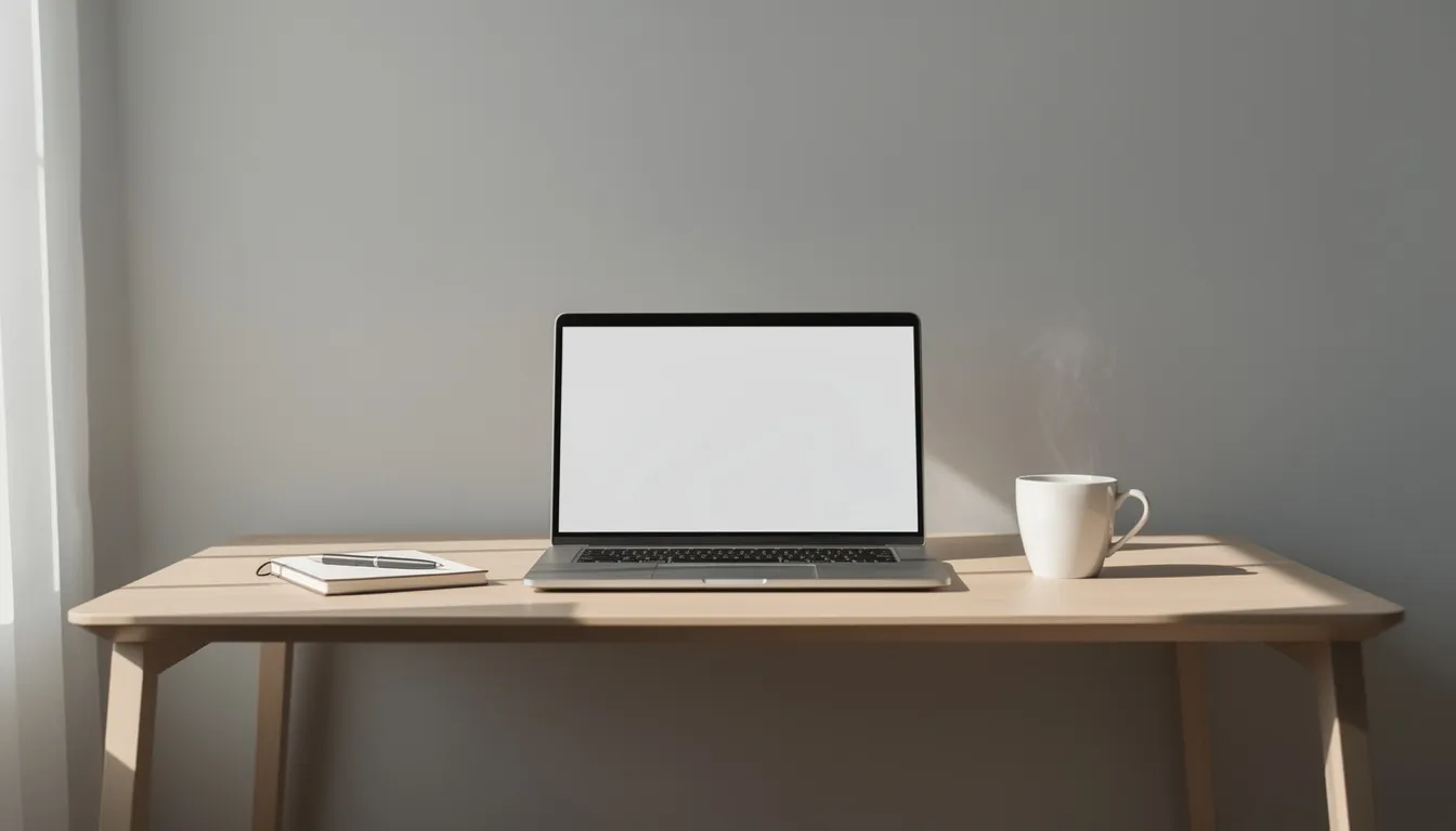 The image depicts a calm and organized workspace featuring a single laptop and a cup of coffee, symbolizing focused productivity. This serene setup highlights the importance of artificial intelligence in enhancing operational efficiency and supporting individuals in performing specific tasks effectively.