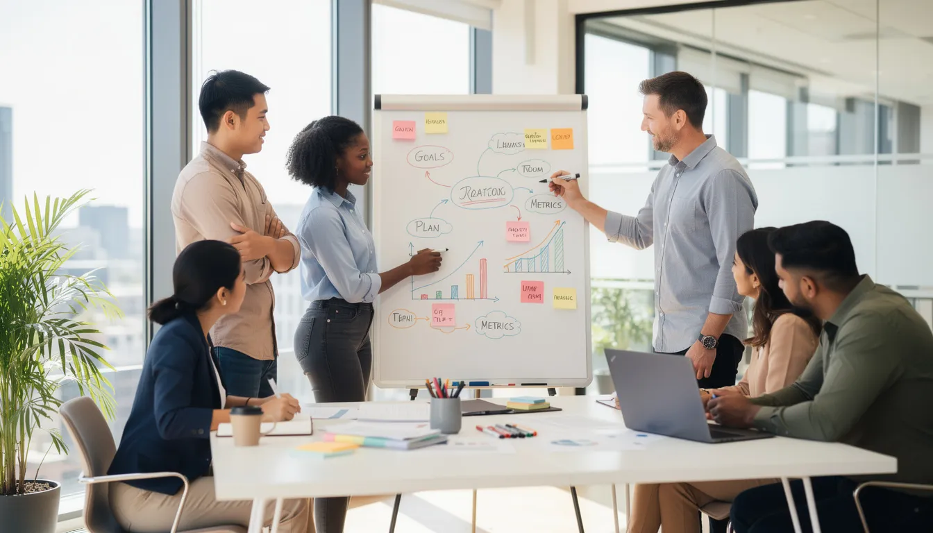 The image depicts a group of diverse professionals collaborating around a whiteboard in a bright, modern office, engaged in discussions that may involve managing client relationships and project management tasks. This scene reflects the dynamic environment often found in entry-level artificial intelligence jobs, where teamwork and innovative solutions are essential for enhancing operational processes and improving client satisfaction.