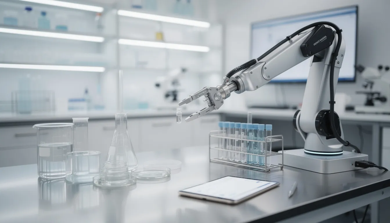 The image depicts a robotic arm extending towards various objects on a laboratory table, showcasing an environment where reinforcement learning algorithms might be applied to teach the robot to interact with its surroundings. This setting illustrates the practical applications of machine learning and robotic learning in real-world environments.