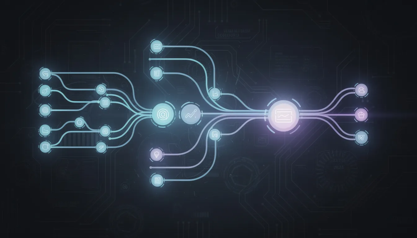 The image depicts a complex network of interconnected nodes and pathways, symbolizing an automated digital workflow system powered by artificial intelligence. This visualization emphasizes the integration of AI tools and features that streamline business processes and enhance productivity through automation and advanced data analysis.