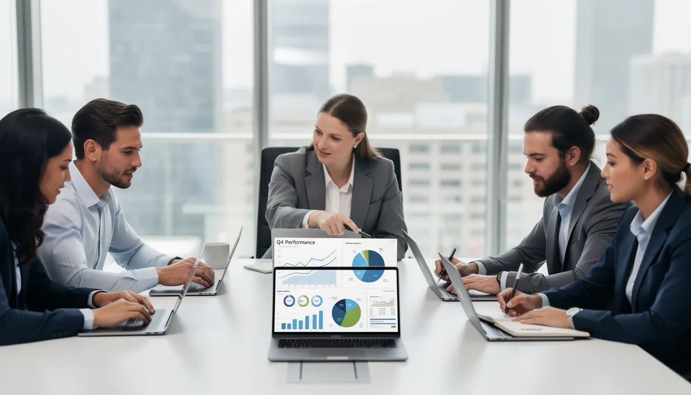 A team of professionals is collaborating around laptops, analyzing charts and business data displayed on their screens. They are engaged in discussions about data analysis and leveraging AI-powered business intelligence tools to generate insights and improve decision-making.