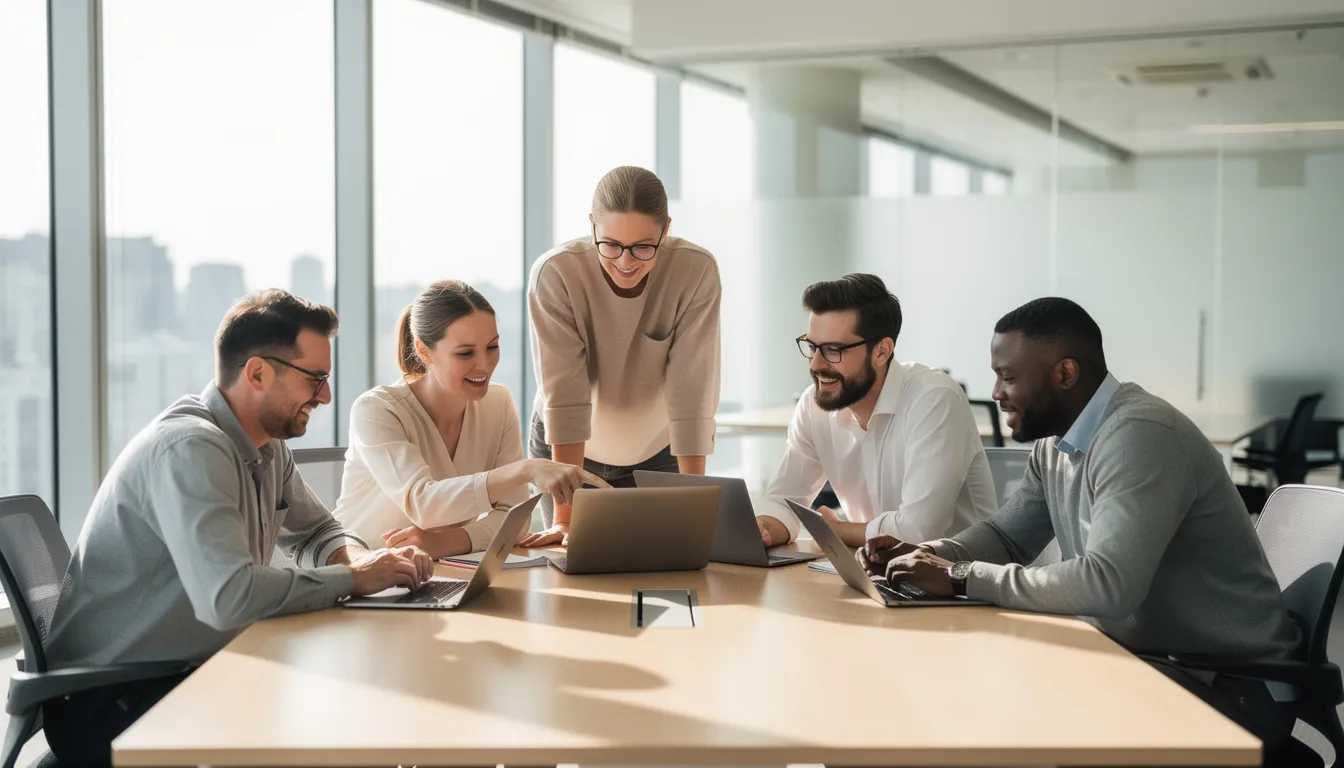 A diverse team of professionals collaborates around laptops in a bright, modern office space, utilizing various AI tools and cloud services to enhance their projects. The environment fosters creativity and teamwork, reflecting the integration of artificial intelligence and cloud computing in their workflow.
