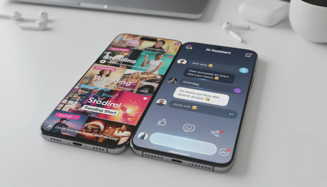 A modern smartphone screen showcases social media trends alongside an AI conversation interface, featuring tools for casual users and power users alike, including options for idea generation and content creation. The display hints at various AI tools, such as chatbots and other AI agents, designed to provide human-like responses and support creative tasks.