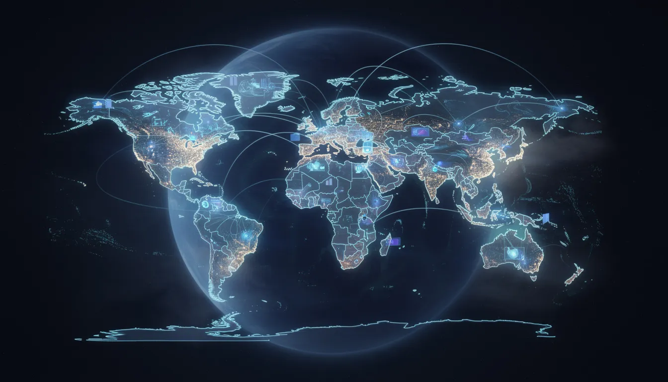 The image depicts a global map with illuminated connection points, symbolizing extensive data networks that are integral to the artificial intelligence industry. These connections represent the rapid growth and widespread adoption of AI technologies across various industries, highlighting their influence on business operations and decision-making in today's global economy.