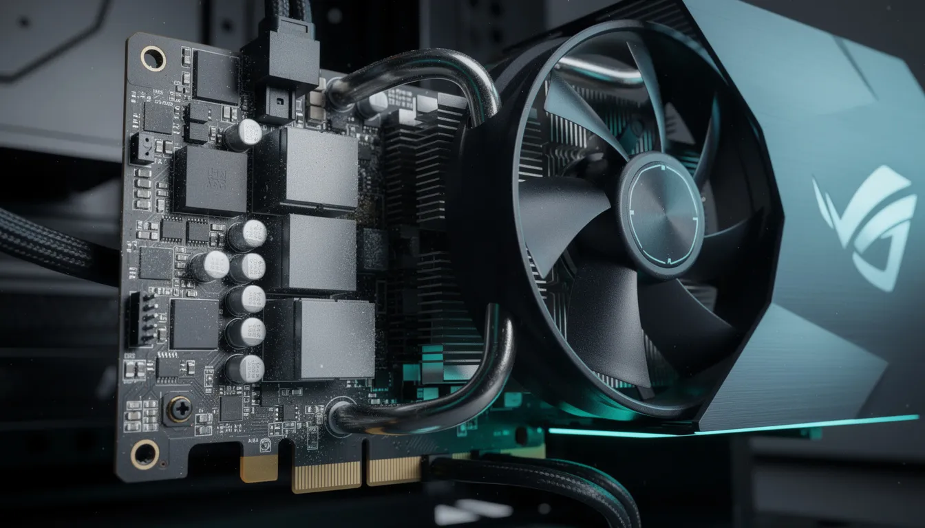 The image features a close-up view of high-performance GPU hardware, showcasing intricate cooling systems designed to manage the heat generated during intense computational tasks. This advanced technology is essential for artificial intelligence companies and software development teams, enabling them to deliver meaningful outcomes in sophisticated computing environments.