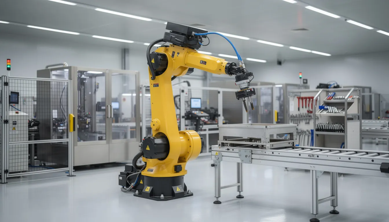 The image depicts an industrial robot arm in a sleek, modern manufacturing facility, showcasing advanced AI systems and machine learning technologies at work. This robotic arm is designed to perform complex tasks with high precision, reflecting the integration of artificial intelligence and automation in contemporary production processes.