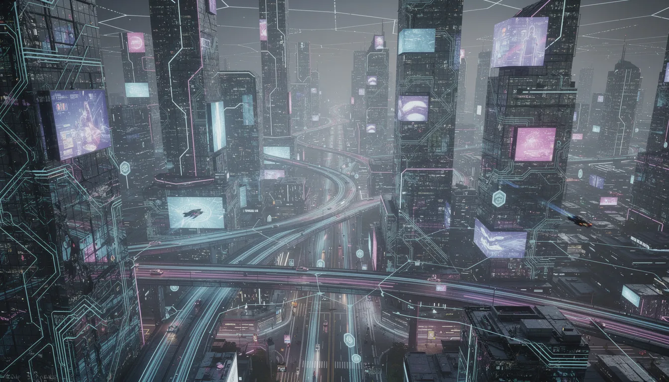 The image depicts a futuristic cityscape characterized by towering skyscrapers and a network of glowing digital streams, symbolizing the interconnectedness of artificial intelligence and data. This vibrant scene illustrates the concept of AI model training processes, where vast amounts of data flow through neural networks, enabling accurate predictions and the recognition of patterns in real-world scenarios.