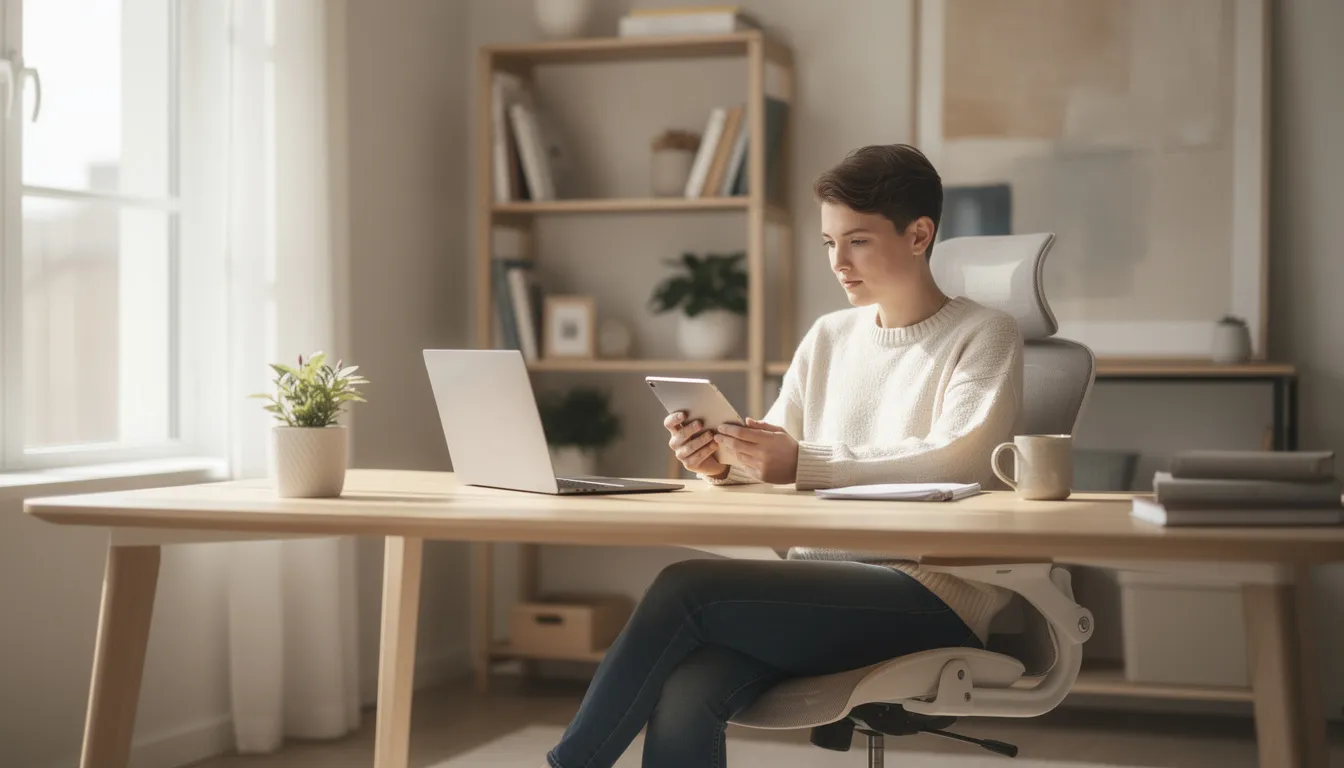 The image depicts a person calmly reviewing a tablet in a serene home office, surrounded by books and plants, embodying a peaceful atmosphere ideal for focusing on the latest AI news and trends in the ever-evolving world of technology. This setting reflects a tech enthusiast's space where knowledge and innovation thrive.