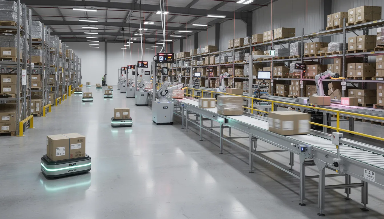 The image depicts an automated warehouse featuring advanced robotic systems and conveyor belts working in harmony to streamline operations. This scene highlights the integration of AI technology in the workplace, showcasing how businesses are adopting these systems to enhance productivity and efficiency.