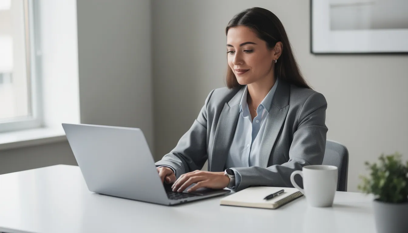 A professional is seated at a clean desk, working intently on a laptop while taking notes in a notebook, embodying a calm and focused demeanor. This image captures the essence of productivity, often enhanced by AI assistants and project management tools that streamline routine tasks and complex workflows.