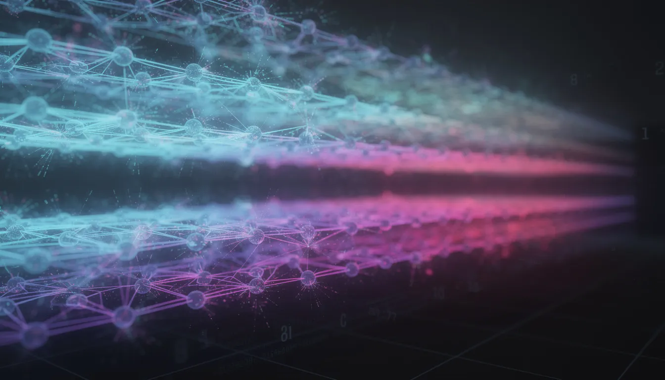 The image depicts a vibrant neural network visualization, showcasing interconnected nodes and layers that glow as data flows through them, illustrating the complexity of deep learning models and the power of artificial intelligence in analyzing data. This representation highlights the key components of ai systems and their role in machine learning and data collection.