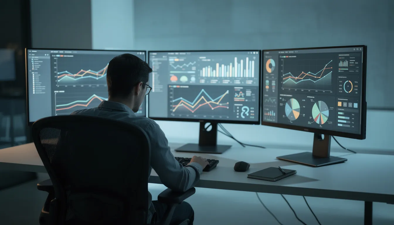 The image depicts a person intently examining data visualizations displayed on multiple computer screens, illustrating the integration of artificial intelligence and data science in their workflow. This scene highlights the importance of machine learning algorithms and data analysis in solving real business challenges.