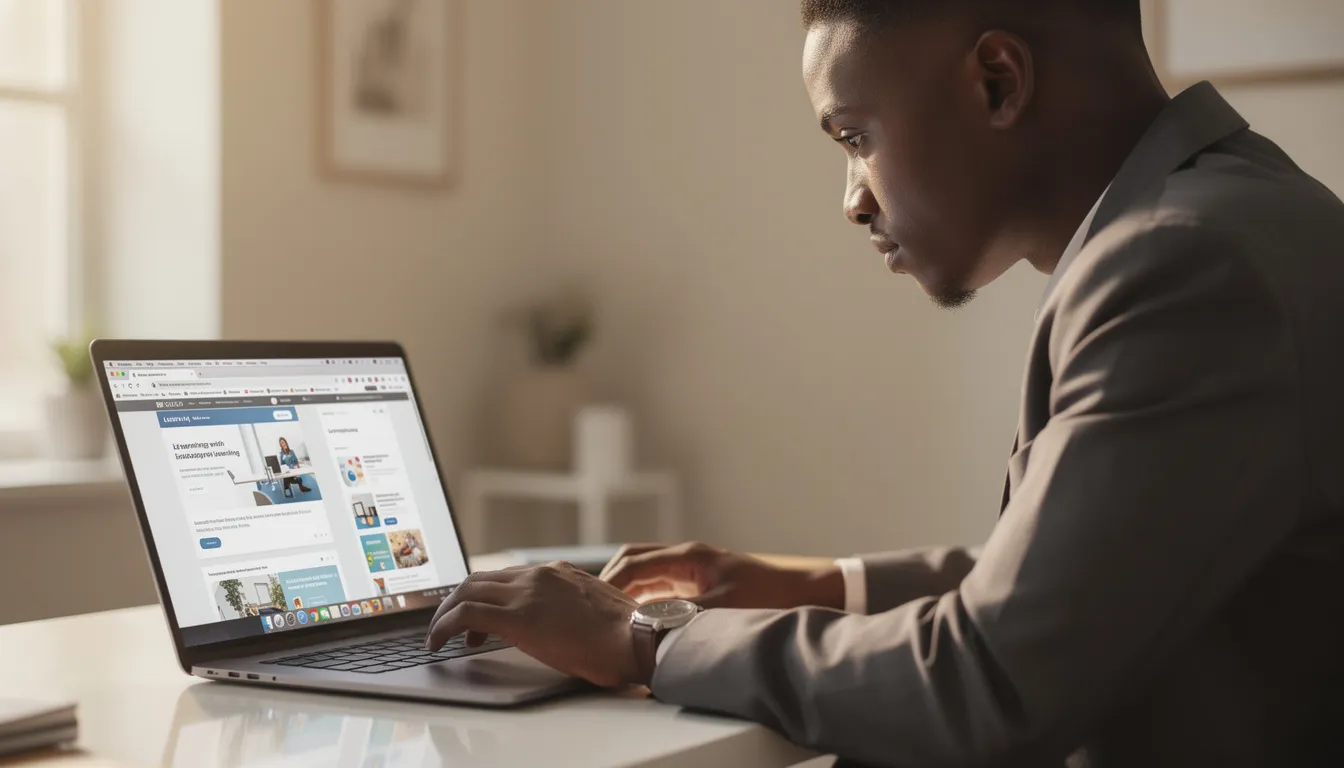 A focused professional is working on a laptop with multiple browser tabs open, engaged in learning and data analysis, highlighting the importance of skills development in the evolving job market influenced by artificial intelligence and automation. This scene reflects the need for lifelong learning and adaptability in the face of technological advancements.