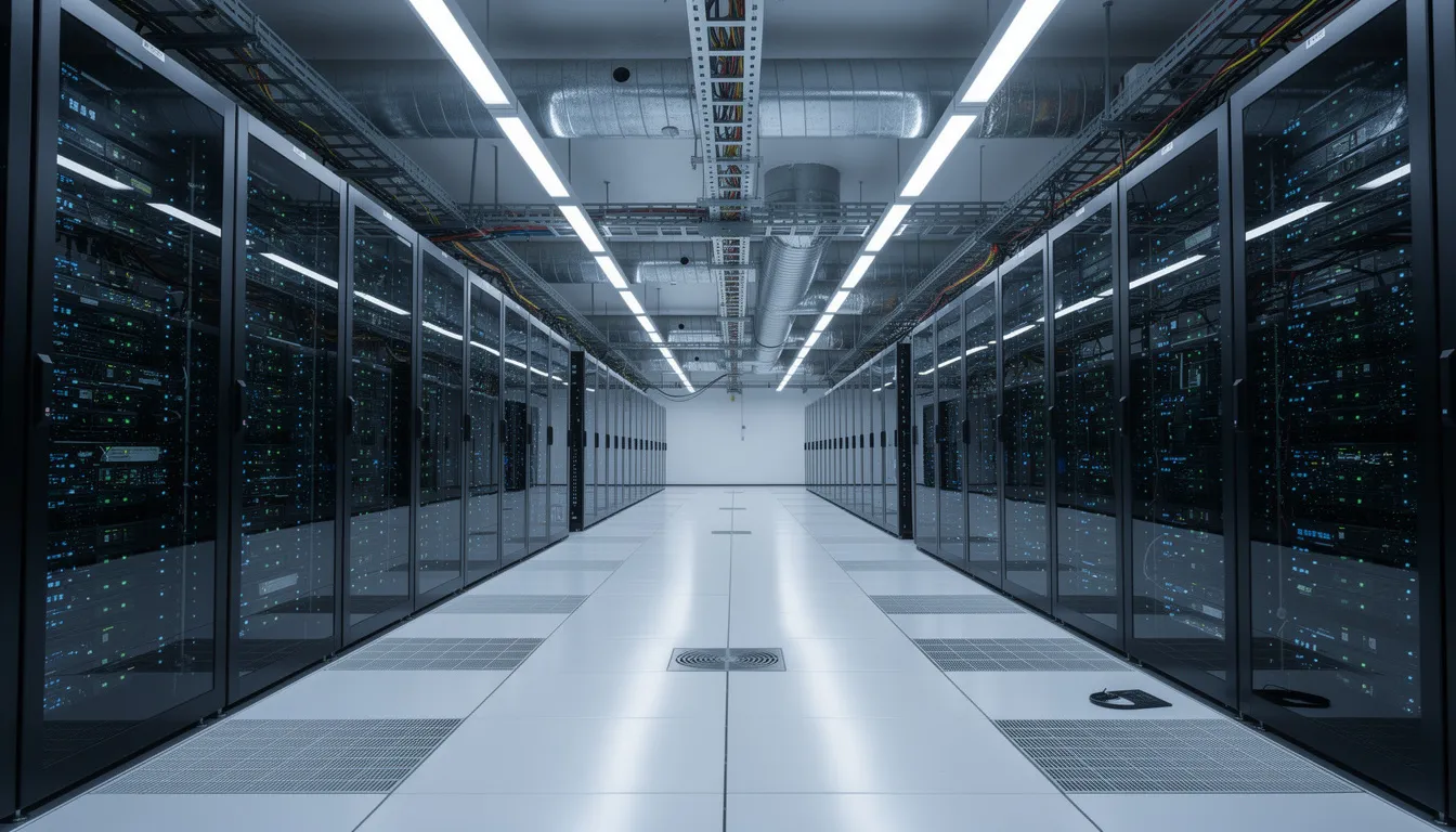 The image depicts a modern data center filled with rows of servers and advanced cooling infrastructure, showcasing the critical role of artificial intelligence technology in processing vast amounts of data. This environment highlights both the potential benefits and the safety concerns associated with AI systems in today's digital landscape.