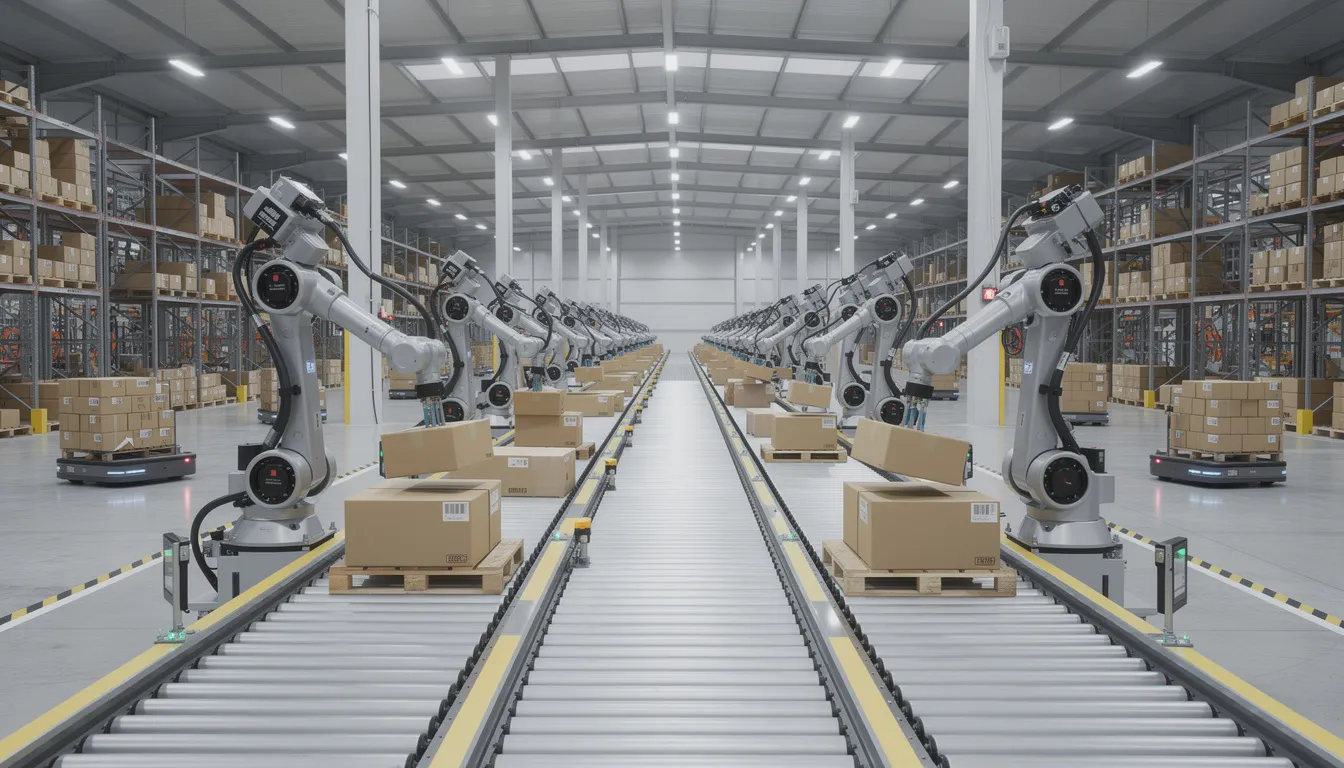 The image depicts a large automated warehouse where robotic arms efficiently move packages along conveyor belts, showcasing the rise of AI technologies in modern logistics. This automation reflects the ongoing transformation in the job market, as AI systems take over repetitive tasks traditionally performed by human labor.