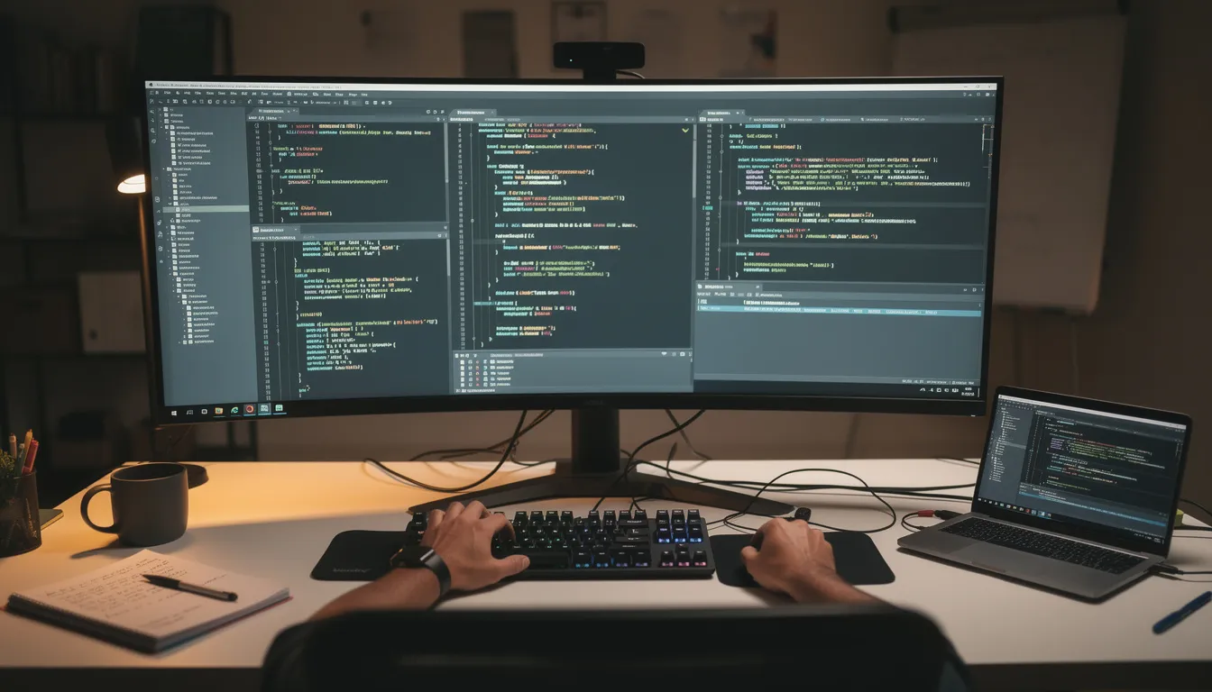 A developer is seated at a desk, intently focused on a computer screen displaying multiple code windows, showcasing various programming tasks and AI concepts. The environment reflects a blend of technology and productivity, emphasizing the developer's engagement in learning AI skills and applying machine learning techniques.