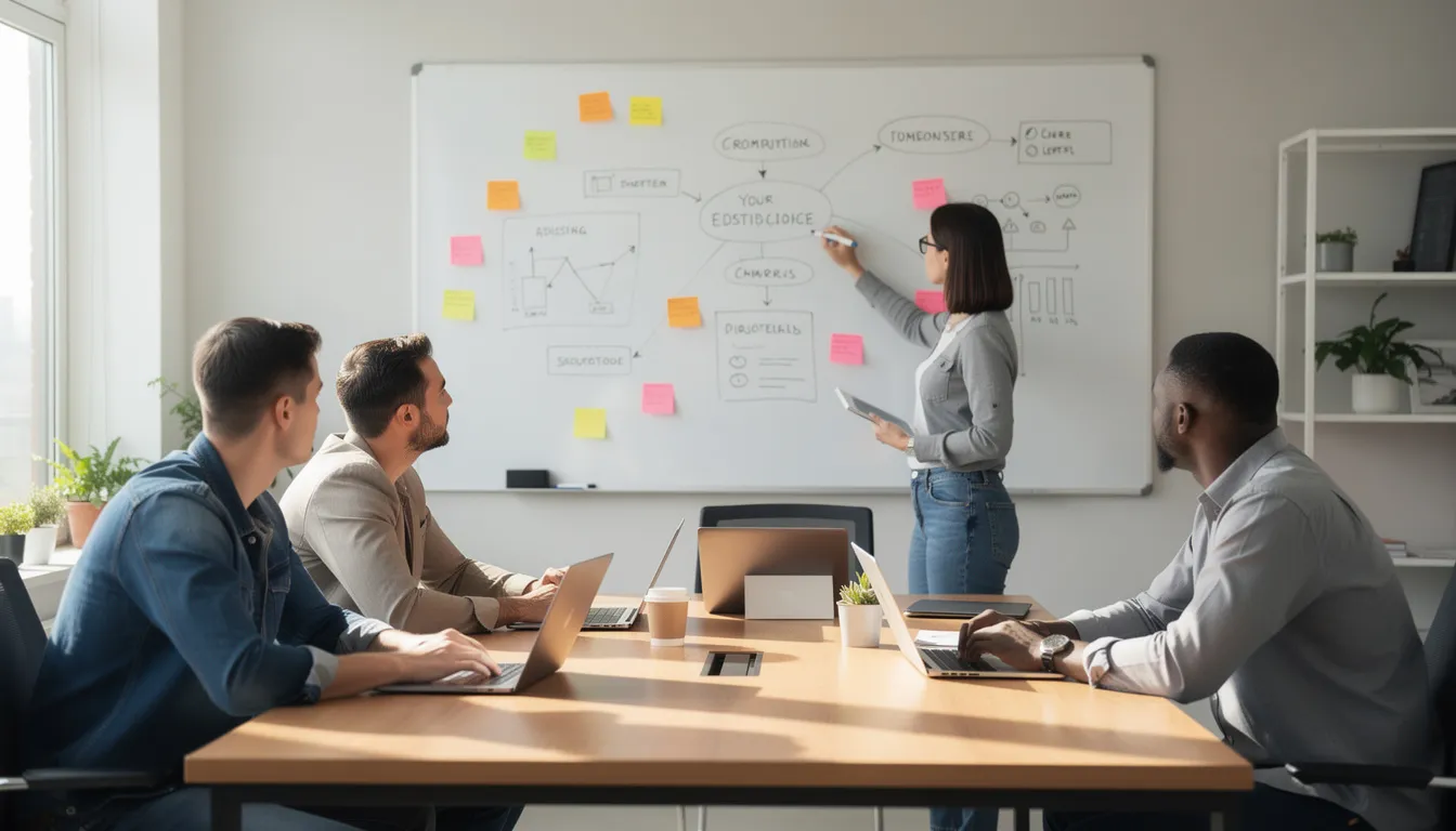 A small team is collaborating around a whiteboard, with laptops open in front of them, actively engaging in a brainstorming session to generate ideas and overcome writer's block. The atmosphere reflects creativity and focus as they work together to create high-quality content using various AI tools.