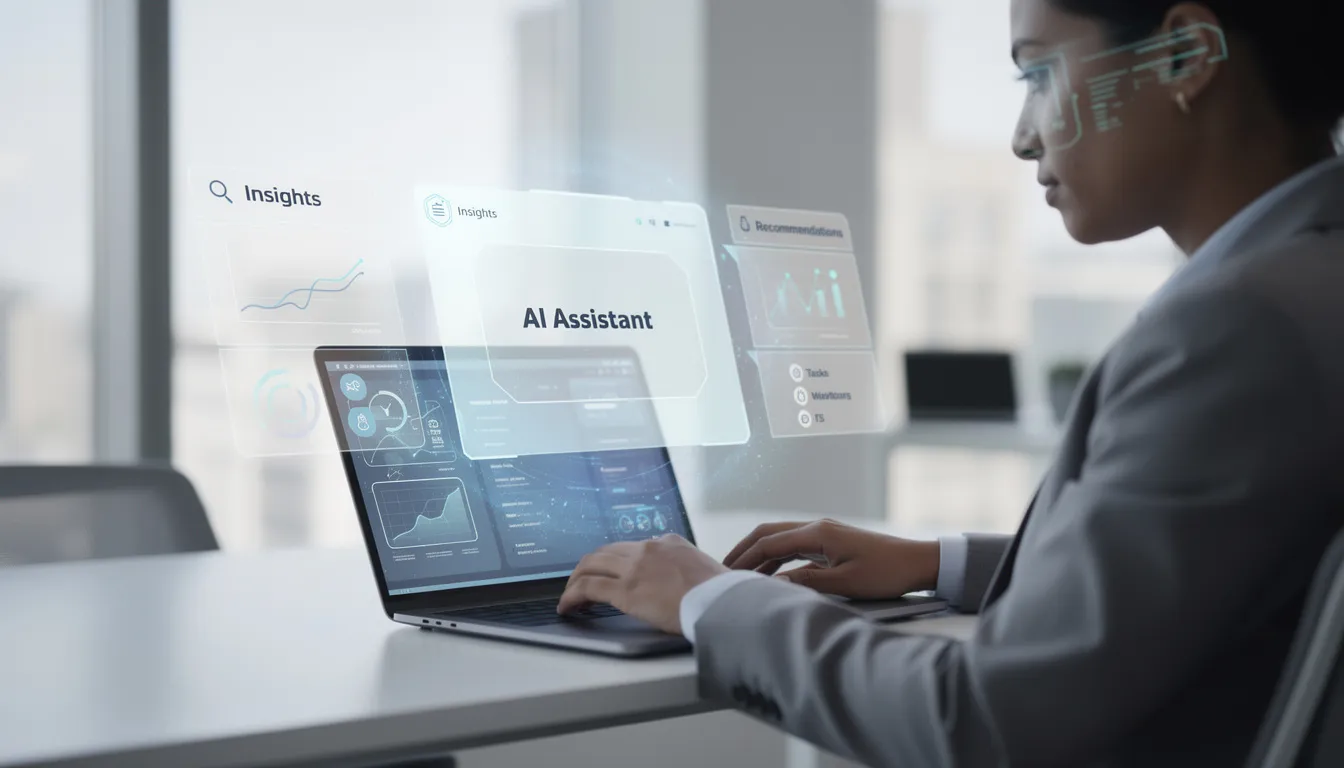 A professional is focused on a laptop, surrounded by digital interface elements that illustrate the capabilities of artificial intelligence, such as data analysis and natural language processing. This scene highlights the integration of AI technology in everyday life, showcasing how smart machines can enhance operational efficiency and transform various industries.