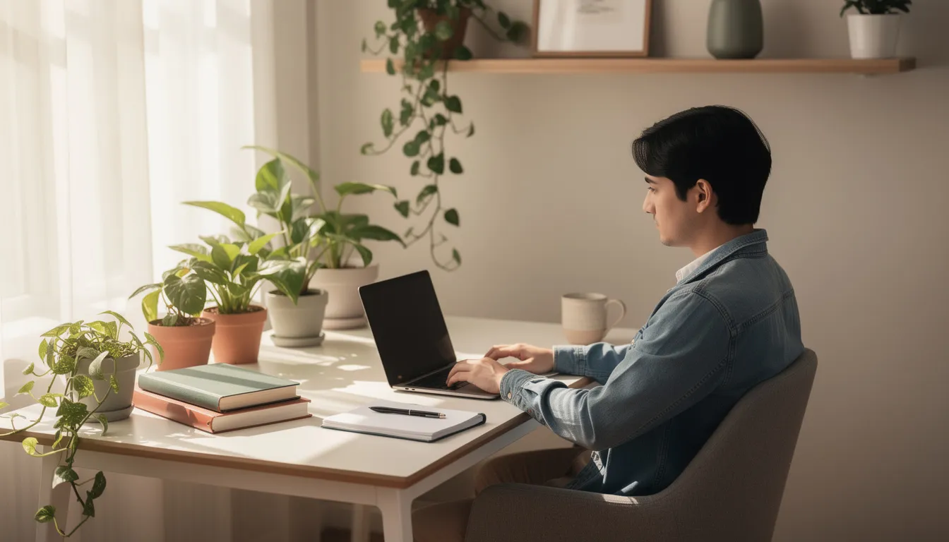 A person is focused on their laptop in a serene and organized workspace, surrounded by greenery and bathed in natural light, highlighting the intersection of technology and nature in a calm environment. This setting reflects the importance of a conducive atmosphere for research and productivity, particularly in fields like artificial intelligence and machine learning.
